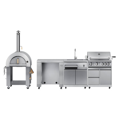 KOOLMORE KoolMore Outdoor Kitchen Series Modular Kitchen with a Dual Fuel Pizza Oven, Refrigerator and Cabinet, Sink, 30 in. BBQ Grill And Grill Cabinet in Stainless-Steel (KM-OKSKIT-CONFIG118) - KMOKSKITCONFIG118