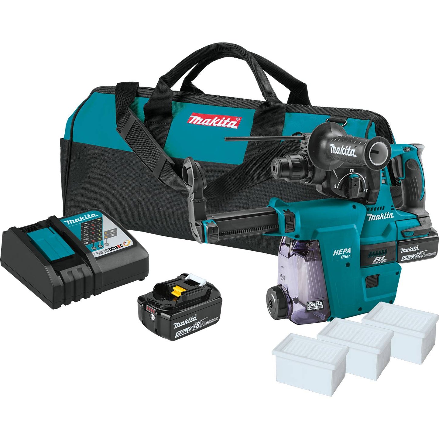 Makita  18V LXT Lithium-Ion Brushless Cordless 1" Rotary Hammer Kit, accepts SDS-PLUS bits, HEPA Dust Extractor Attachment, bag  - XRH011TWX
