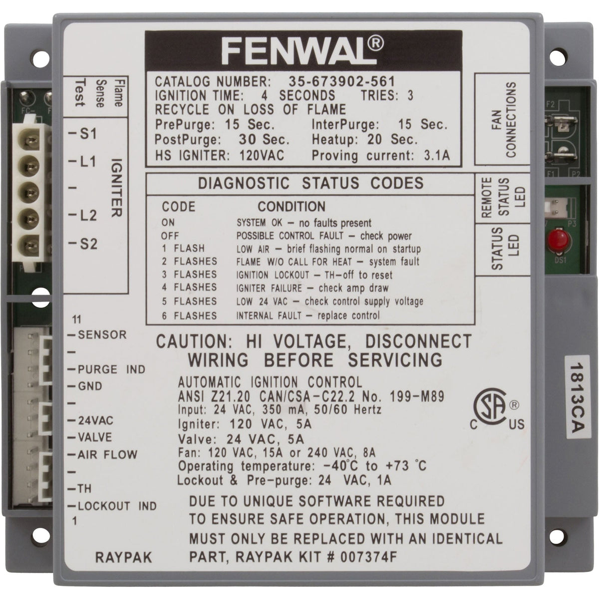 Ignition Control, Raypak Hi Delta 302A/B - 902A/B  - 007374F