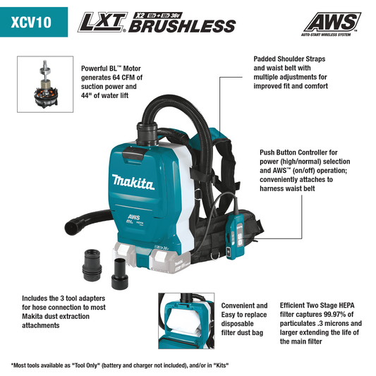 Makita  18V (X2 36V) LXT 1/2 Gallon HEPA Backpack Dry Dust Extractor -  XCV10ZX