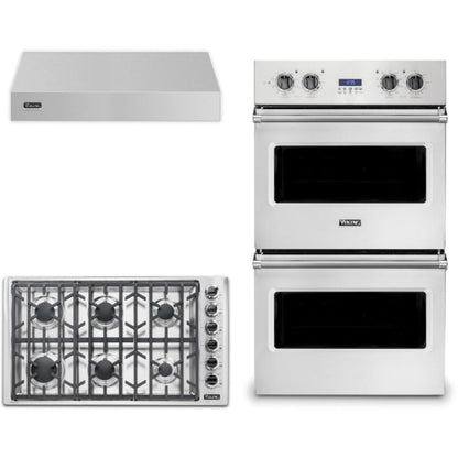 Viking 3-Piece Package 36 Inch Professional 5 Series Gas Cooktop and 27 Inch Double Convection Electric Wall Ove and 36 Inch Wall Mount Range Hoo - VDOE527SS
