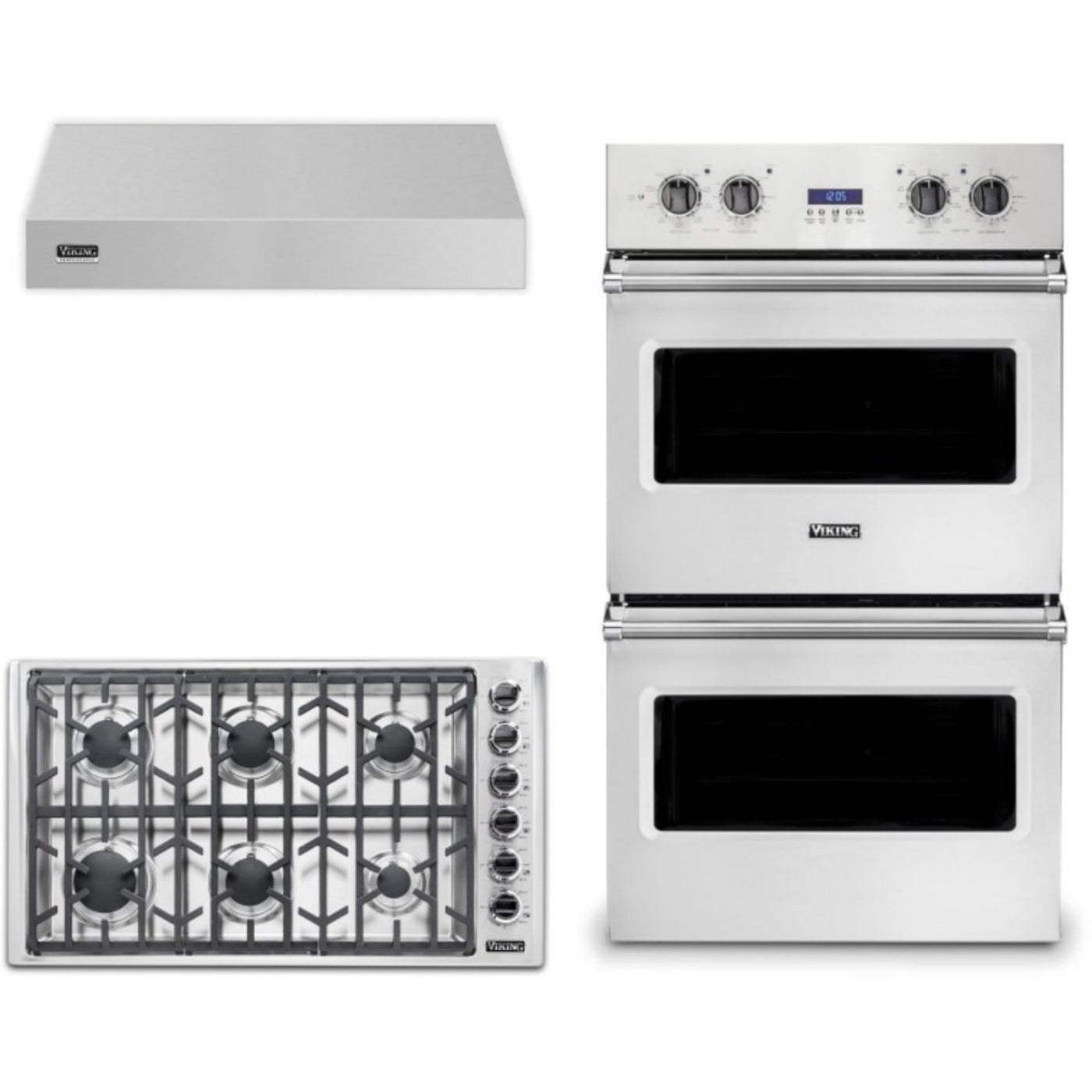 Viking 3-Piece Package 36 Inch Professional 5 Series Gas Cooktop and 27 Inch Double Convection Electric Wall Ove and 36 Inch Wall Mount Range Hoo - VGSU53616BSSLP