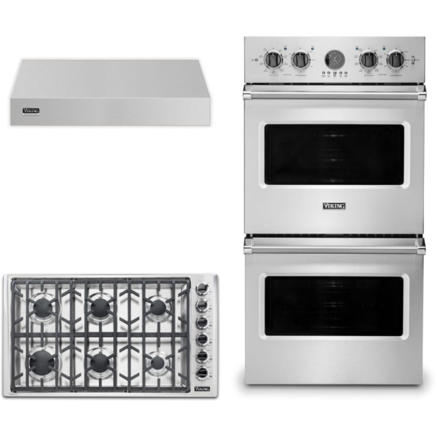 Viking 3-Piece Package 36 Inch Professional 5 Series Gas Cooktop and 27 Inch Double Convection Electric Wall Ove and 36 Inch Wall Mount Range Hoo - VGSU53616BSSLP