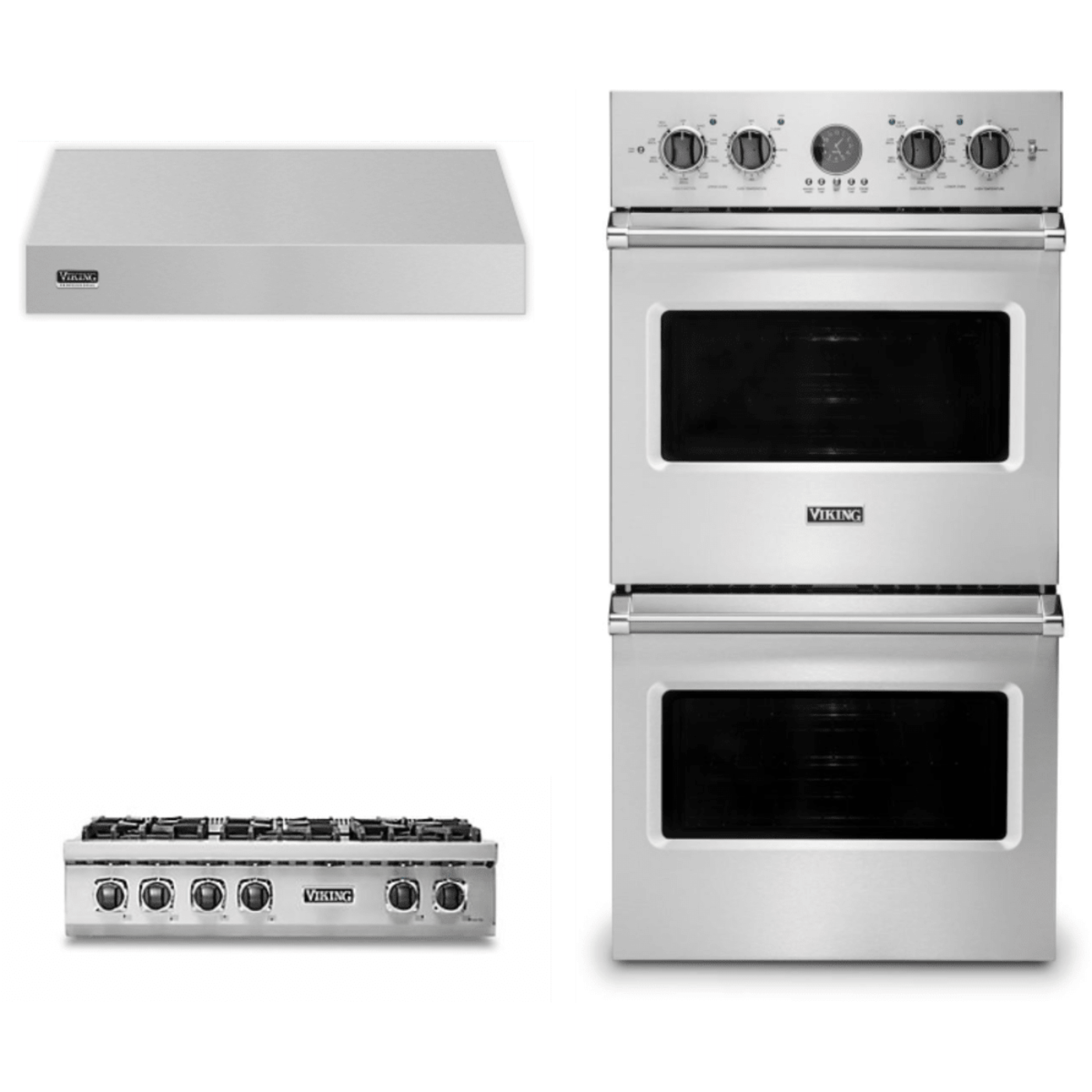 Viking 3-Piece Package 36 Inch Gas Rangetop and 30 Inch Built-In Double Electric Wall Ove and 36 Inch Wall Mount Range Hoo - VRT5366BSS