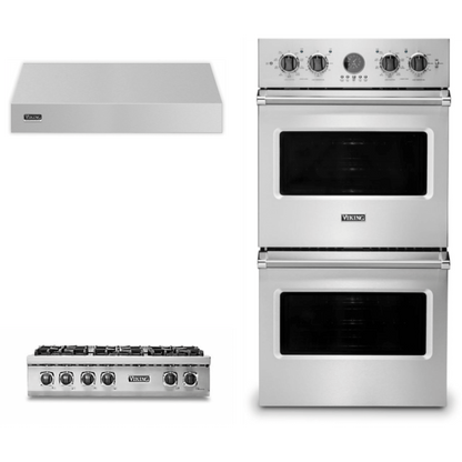Viking 3-Piece Package 36 Inch Gas Rangetop and 30 Inch Built-In Double Electric Wall Ove and 36 Inch Wall Mount Range Hoo - VRT5366BSS
