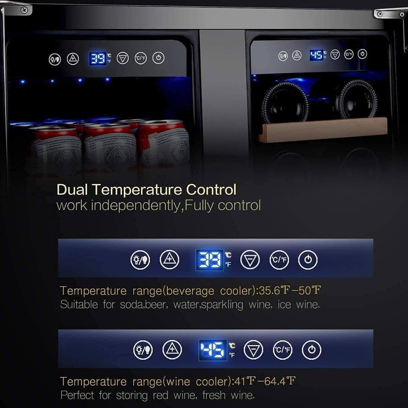 Earth Day Sale-AAOBOSI 24 Inch Beverage and Wine Cooler Dual Zone 2-IN-1 Hold 18 Bottles and 57 Cans  - YC120-2D