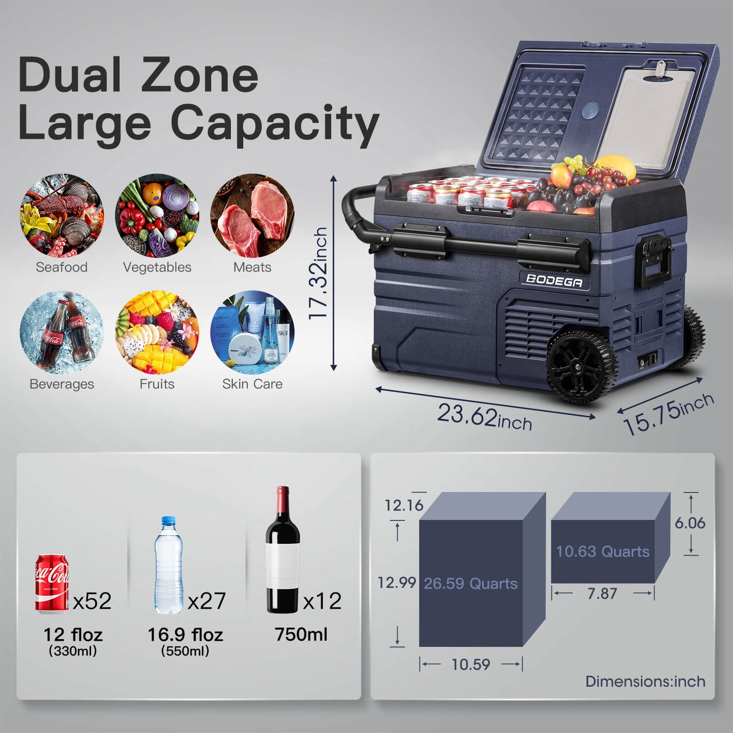 BODEGAcooler Portable Refrigerator 37qt/35L Dual Zone on Wheels  - TWW35