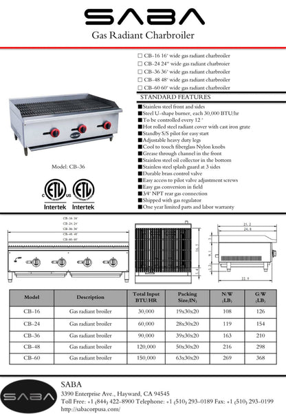 SABA  Commercial Gas Radiant Broiler - CB-36