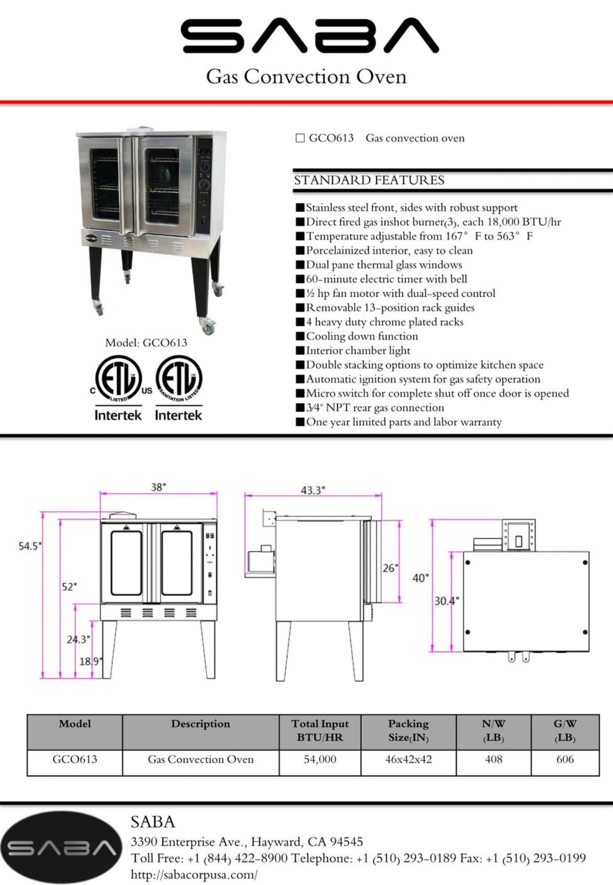 SABA  Gas Convection Oven (Natural Gas / Propane) - GCO-613