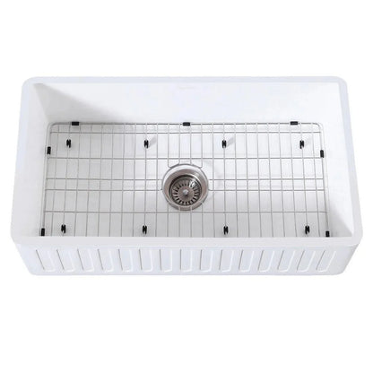 Kingston Brass 30 in. Solid Surface White Stone Apron-Front Single Bowl Farmhouse Kitchen Sink with Strainer and Grid in Matte White - KGKFA301810CD