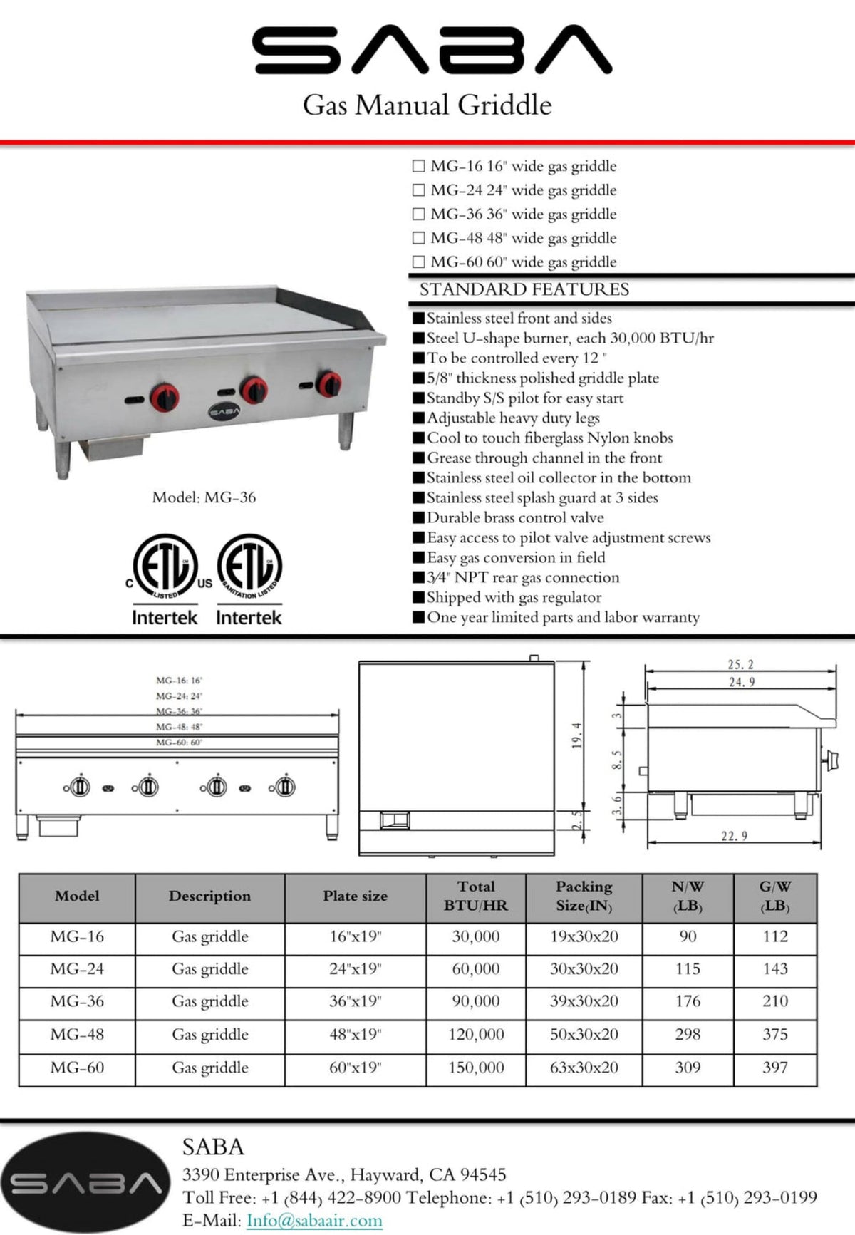 SABA  - Commercial Manual Griddle - MG-48