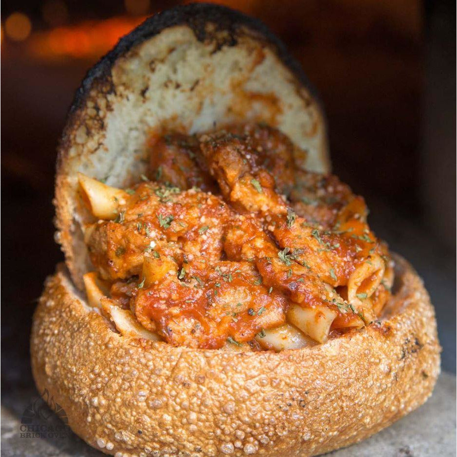 Pasta Stuffed Bread Bowl in Oven