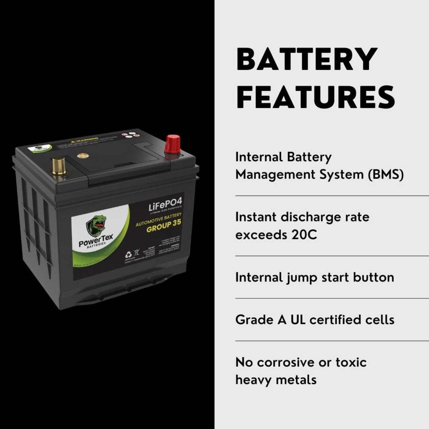 PowerTex 2018 Nissan Maxima Car Battery BCI Group 35 / Q85 Lithium LiFePO4 Automotive Battery - PTLG35-246