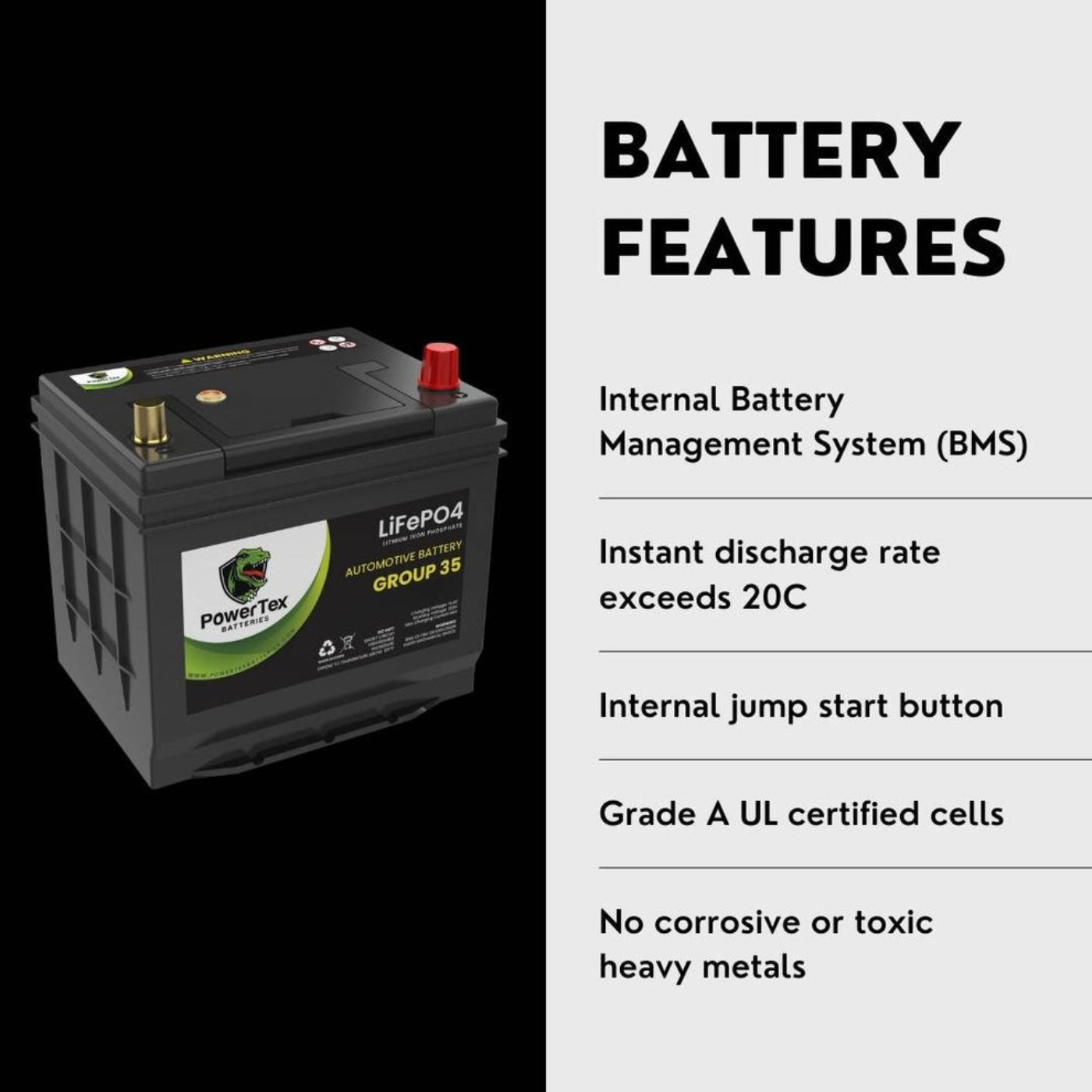 PowerTex 2024 Toyota 4Runner V6 4.0L Replacement Car Battery BCI Group 35 Lithium LiFePO4 Automotive Powertex Battery - PTLG35-044