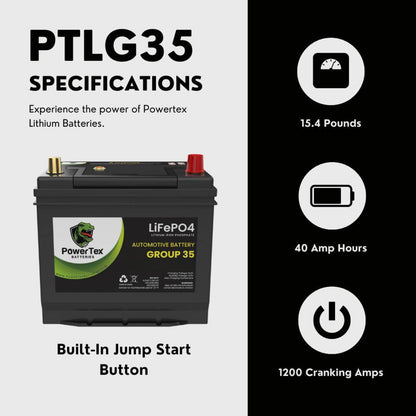 PowerTex 2018 Nissan 370Z Car Battery BCI Group 35 / Q85 Lithium LiFePO4 Automotive Battery - PTLG35-243
