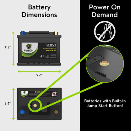 PowerTex 2003 Mini Cooper Car Battery BCI Group 47 H5 Lithium LiFePO4 Replacement Automotive Battery - PTLG47-466