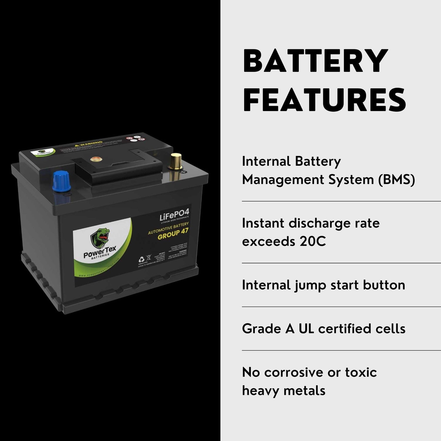 PowerTex 2017 Mercedes-Benz AMG GT S Car Battery BCI Group 47 H5 Lithium LiFePO4 Replacement Automotive Battery - PTLG47-422