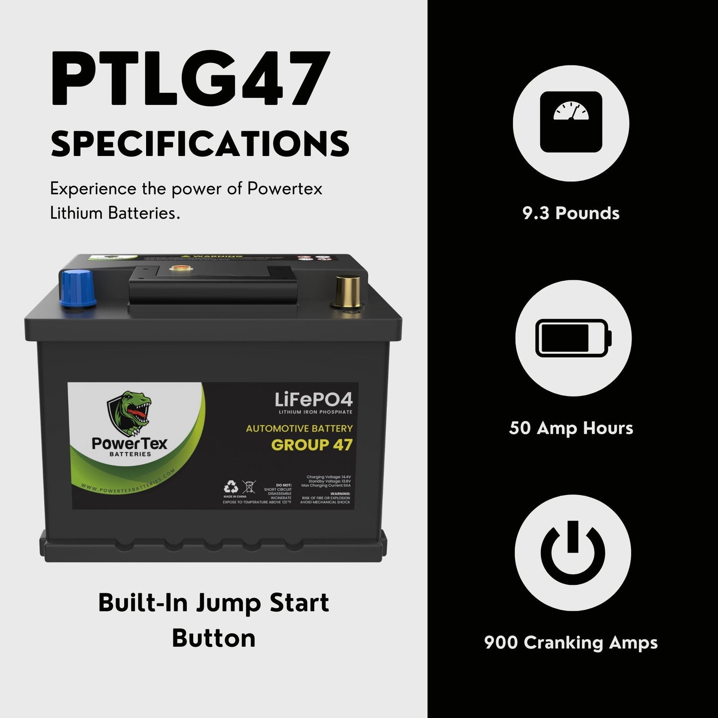 PowerTex 2018 Acura NSX Car Battery BCI Group 47 H5 Lithium LiFePO4 Replacement Automotive Battery - PTLG47-3