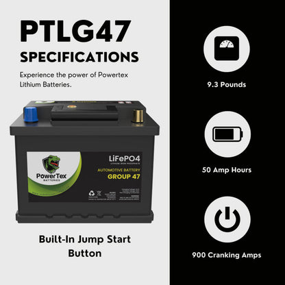 PowerTex 2022 Volkswagen Tiguan L4 2.0LReplacement Car Battery BCI Group 47 Lithium LiFePO4 Automotive Powertex Battery - PTLG47-0100