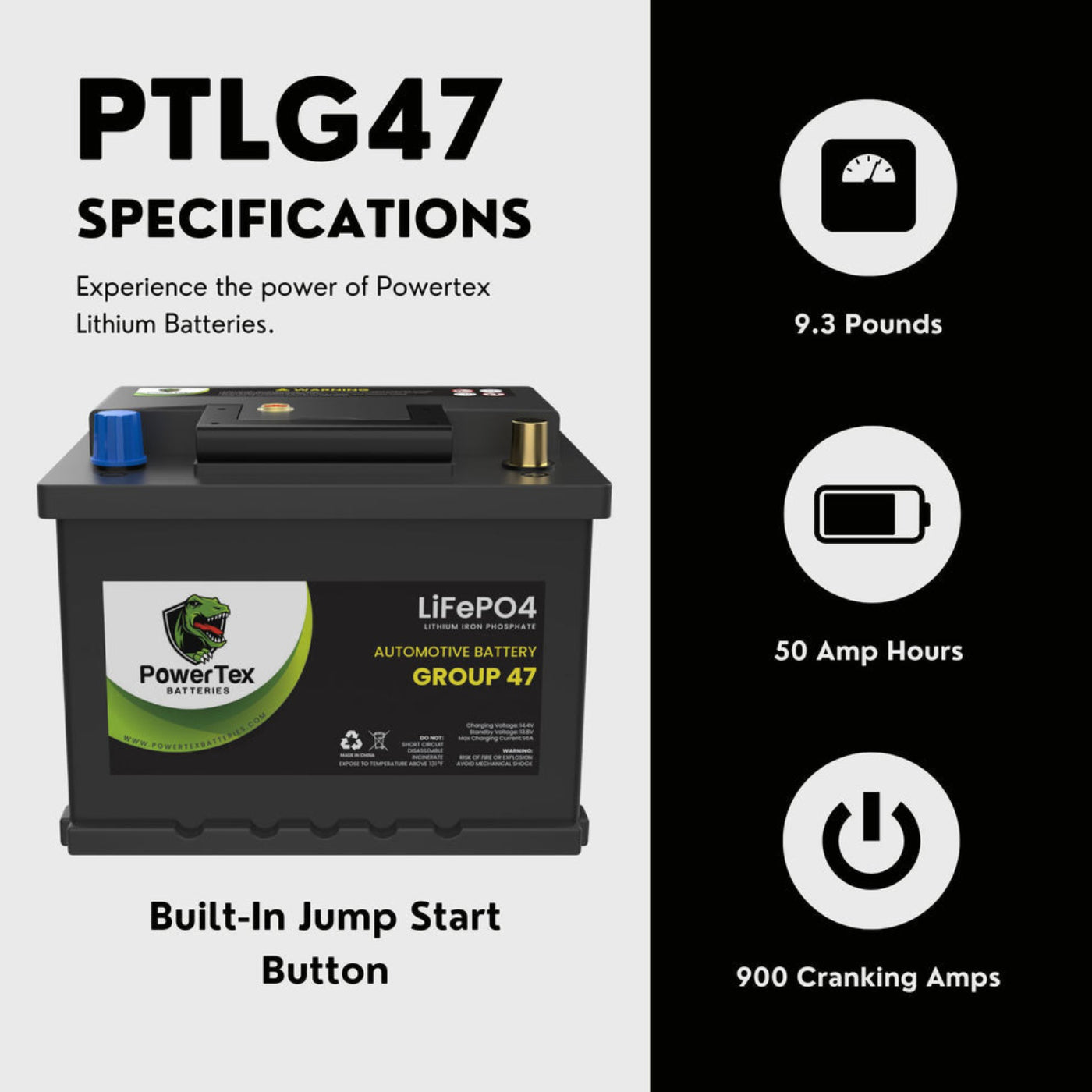 PowerTex 2022 Lexus RX450h V6 3.5LReplacement Car Battery BCI Group 47 Lithium LiFePO4 Automotive Powertex Battery - PTLG47-039