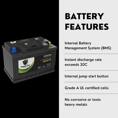2023 Jeep Wrangler V6 3.6L Replacement Car Battery BCI Group 48 Lithium LiFePO4 Automotive Powertex Battery