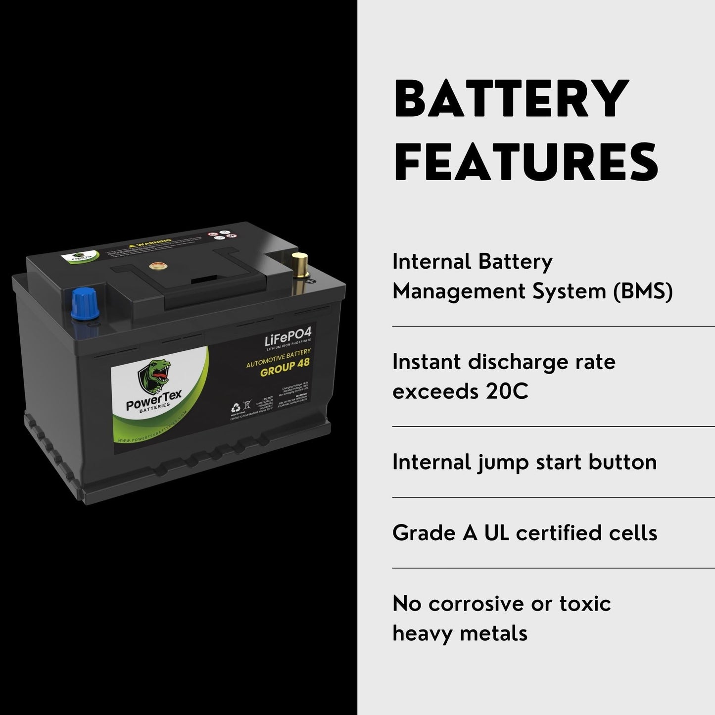 PowerTex 2011 Mercedes-Benz C63 AMG Car Battery BCI Group 48 / H6 Lithium LiFePO4 Replacement Automotive Battery - PTLG48-1425