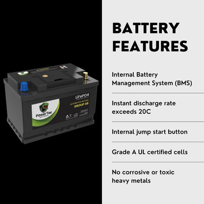 PowerTex 2011 Mercedes-Benz C63 AMG Car Battery BCI Group 48 / H6 Lithium LiFePO4 Replacement Automotive Battery - PTLG48-1425