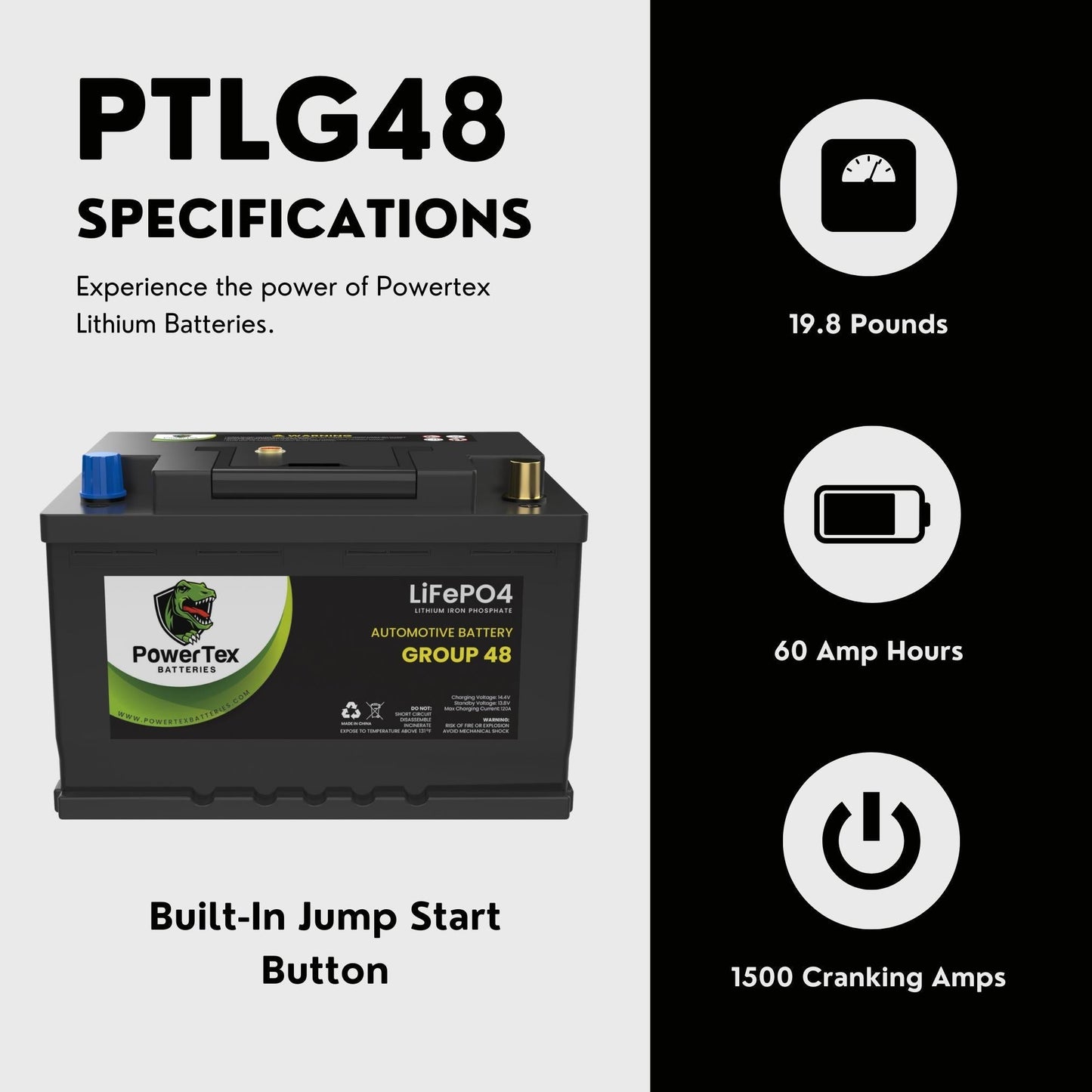 PowerTex 2017 Maserati GranTurismo Car Battery BCI Group 48 / H6 Lithium LiFePO4 Replacement Automotive Battery - PTLG48-1163