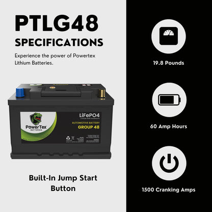 PowerTex 2023 Lexus LS500h V6 3.5L Replacement Car Battery BCI Group 48 Lithium LiFePO4 Automotive Powertex Battery - PTLG48-0414