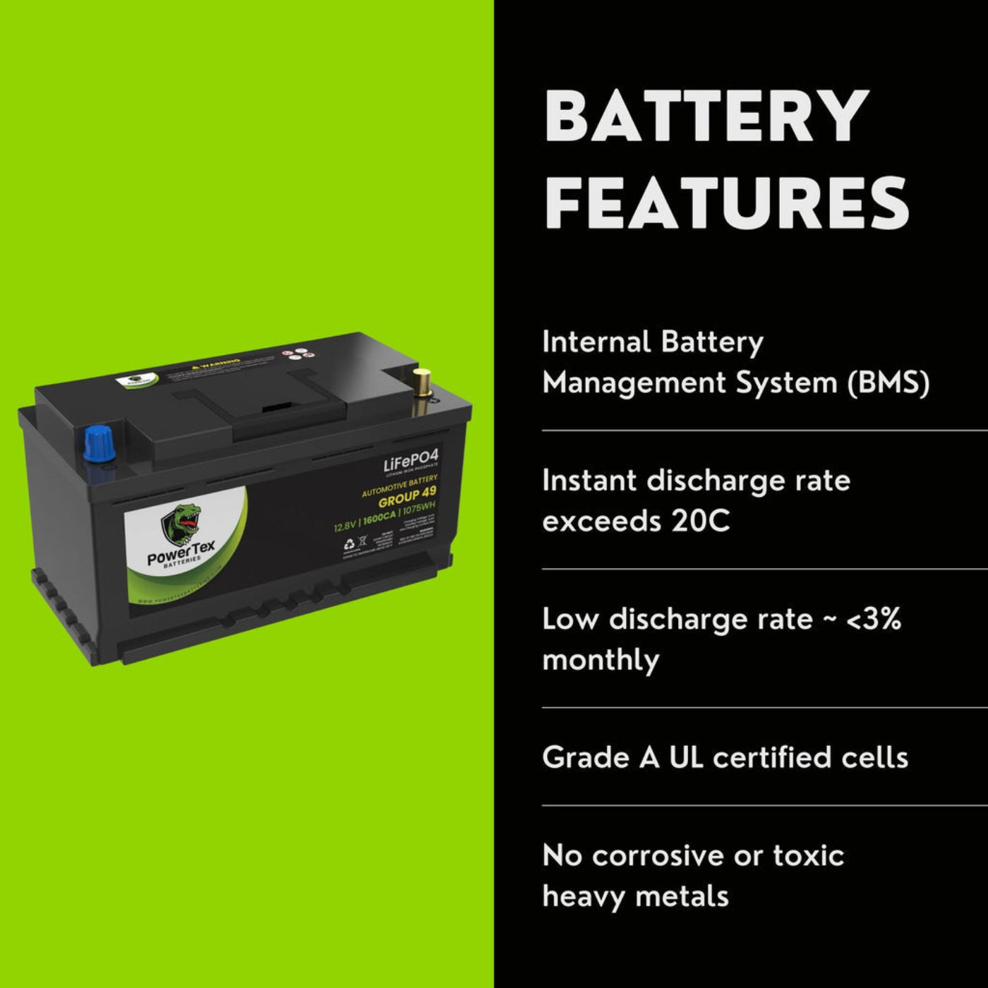 PowerTex 2018 Ford F-150 Car Battery BCI Group 49 / H8 Lithium LiFePO4 Automotive Battery - PTLG49-888