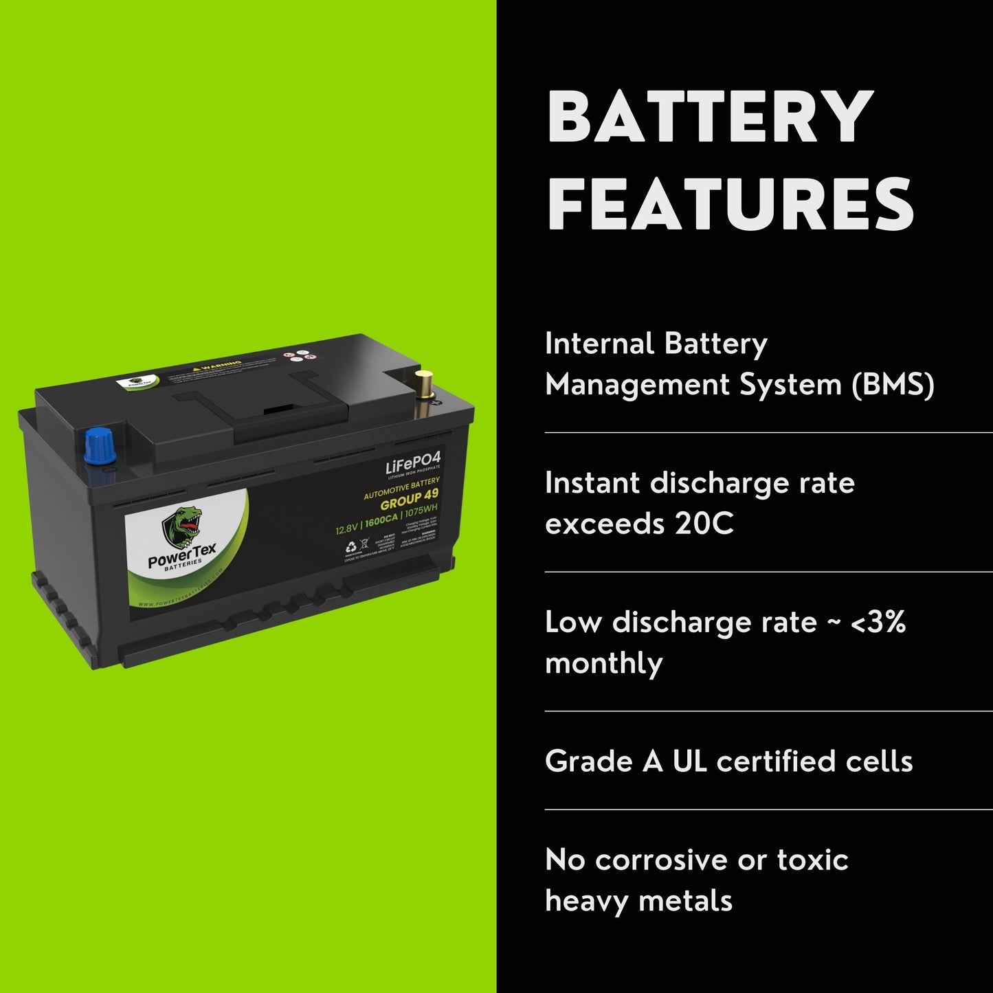 PowerTex 2016 Aston Martin DB9 Car Batteries BCI Group 49 / H8 Lithium LiFePO4 Automotive Battery - PTLG49-9