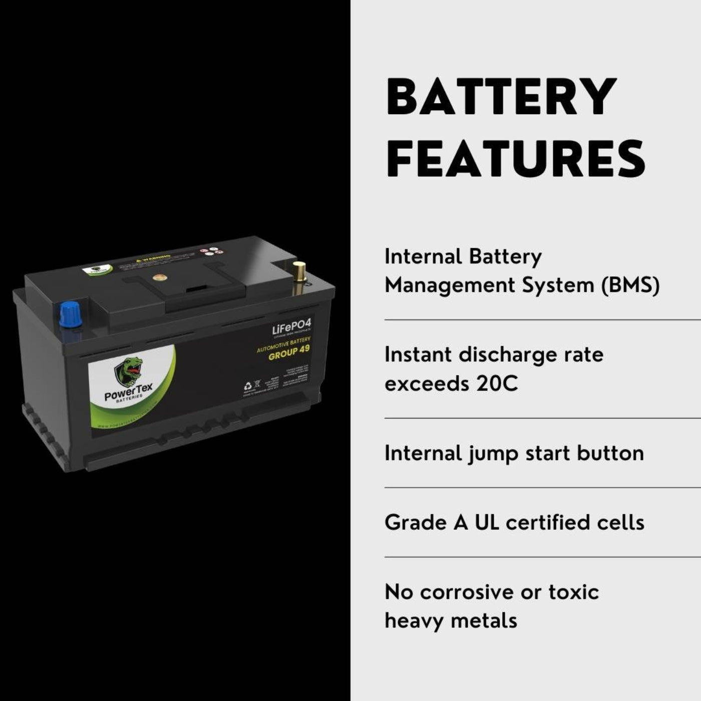 PowerTex 2020 Dodge Charger Car Battery BCI Group 49 / H8 Replacement Lithium LiFePO4 Automotive Battery - PTLG49-908