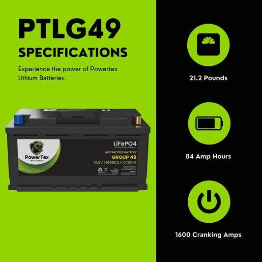 PowerTex 2012 Aston Martin V12 Vantage Car Batteries BCI Group 49 / H8 Lithium LiFePO4 Automotive Battery - PTLG49-29