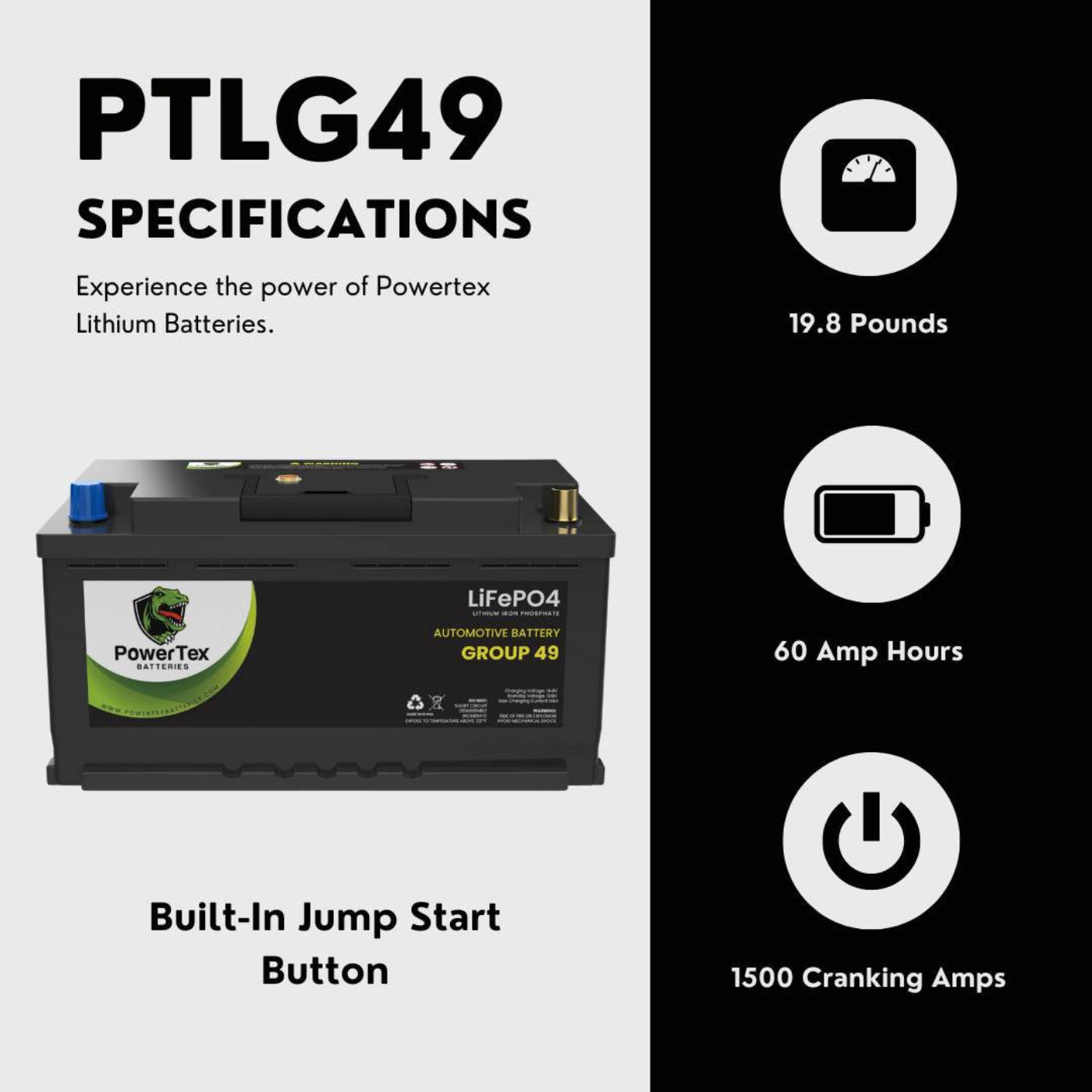 PowerTex 2009 Audi S6 Car Battery BCI Group 49 / H8 Replacement Lithium LiFePO4 Automotive Battery - PTLG49-290