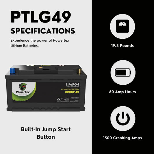 PowerTex 2021 Volkswagen Arteon L4 2.0LReplacement Car Battery BCI Group 49 Lithium LiFePO4 Automotive Powertex Battery - PTLG49-05