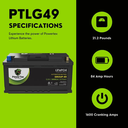 PowerTex 2017 Aston Martin DB11 Car Batteries BCI Group 49 / H8 Lithium LiFePO4 Automotive Battery - PTLG49-4