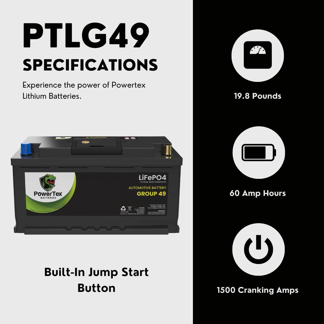 PowerTex 2015 Jaguar F-Type Car Battery BCI Group 49 / H8 Replacement Lithium LiFePO4 Automotive Battery  - PTLG49-999