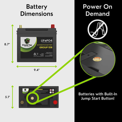 PowerTex 2018 Infiniti QX60 Car Battery BCI Group 51R Lithium LiFePO4 Replacement Automotive Battery - PTLG51R-102