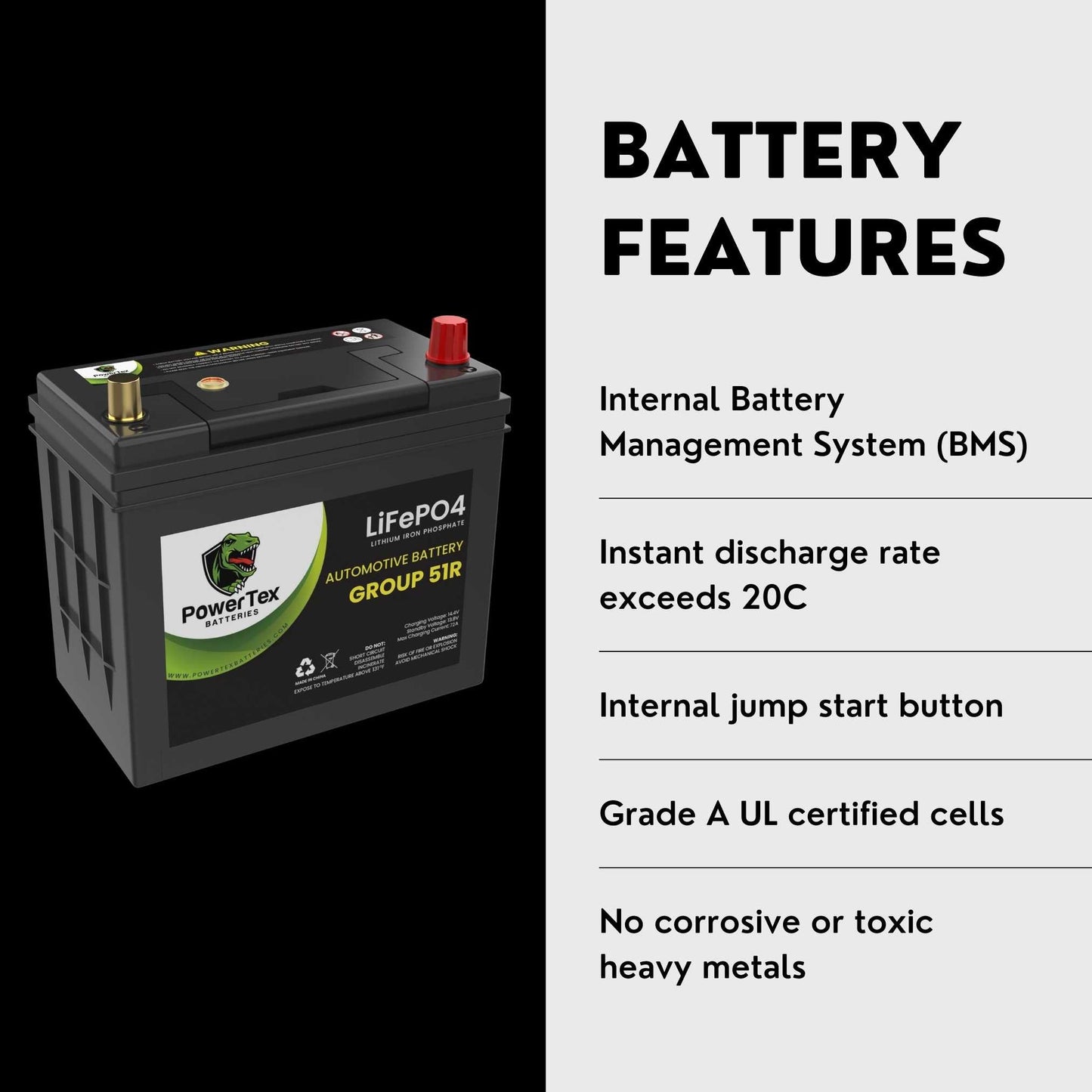 PowerTex 2005 Acura TSX Car Battery BCI Group 51R Lithium LiFePO4 Replacement Automotive Battery - PTLG51R-27