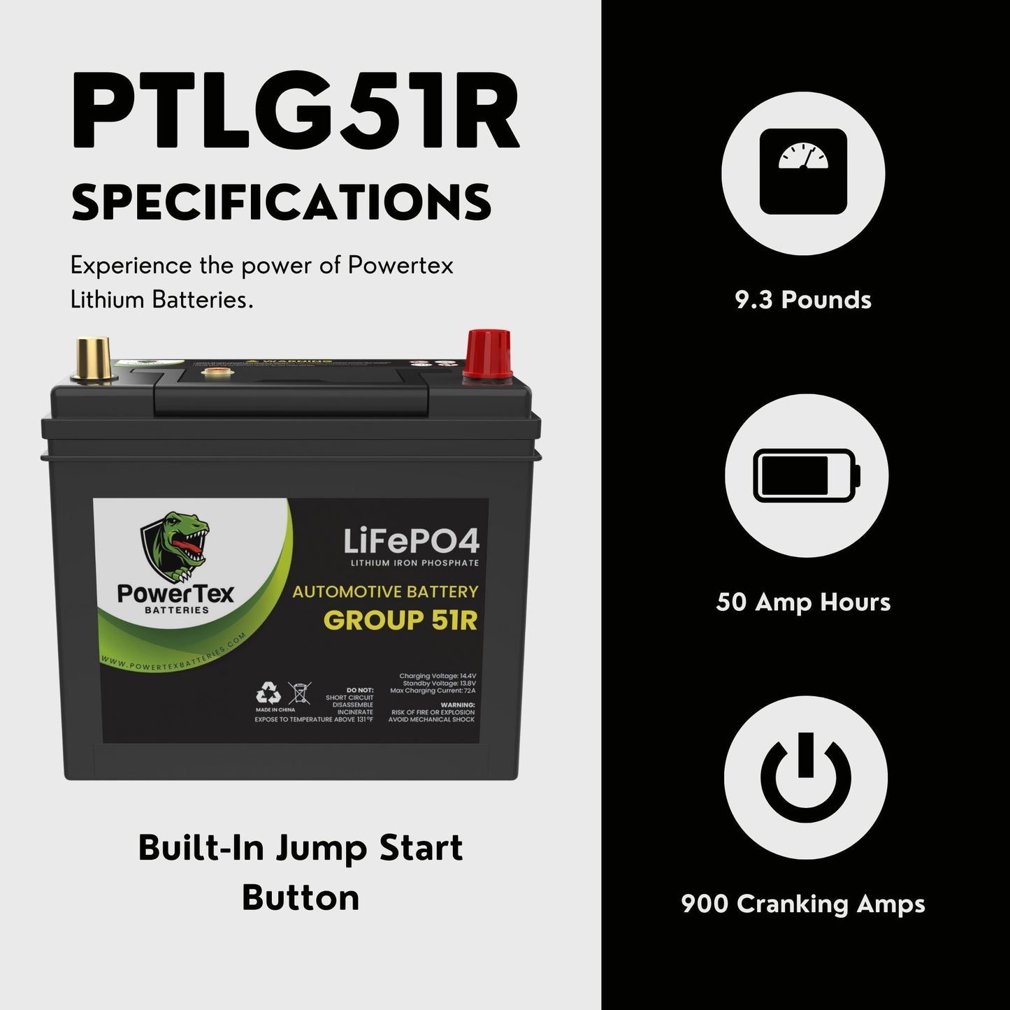 PowerTex 2011 Nissan Leaf Car Battery BCI Group 51R Lithium LiFePO4 Replacement Automotive Battery - PTLG51R-151