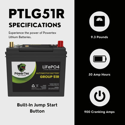 PowerTex 2011 Nissan Leaf Car Battery BCI Group 51R Lithium LiFePO4 Replacement Automotive Battery - PTLG51R-151
