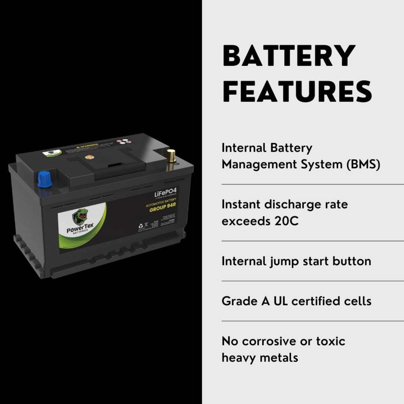 PowerTex 2013 Porsche Cayenne Car Battery BCI Group 94R / H7 Lithium LiFePO4 Automotive Battery - PTLG94R-1155