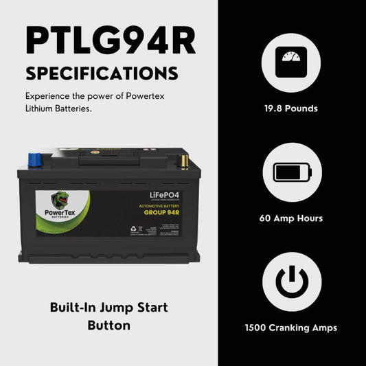PowerTex 2010 Porsche Cayenne Car Battery BCI Group 94R / H7 Lithium LiFePO4 Automotive Battery - PTLG94R-1161