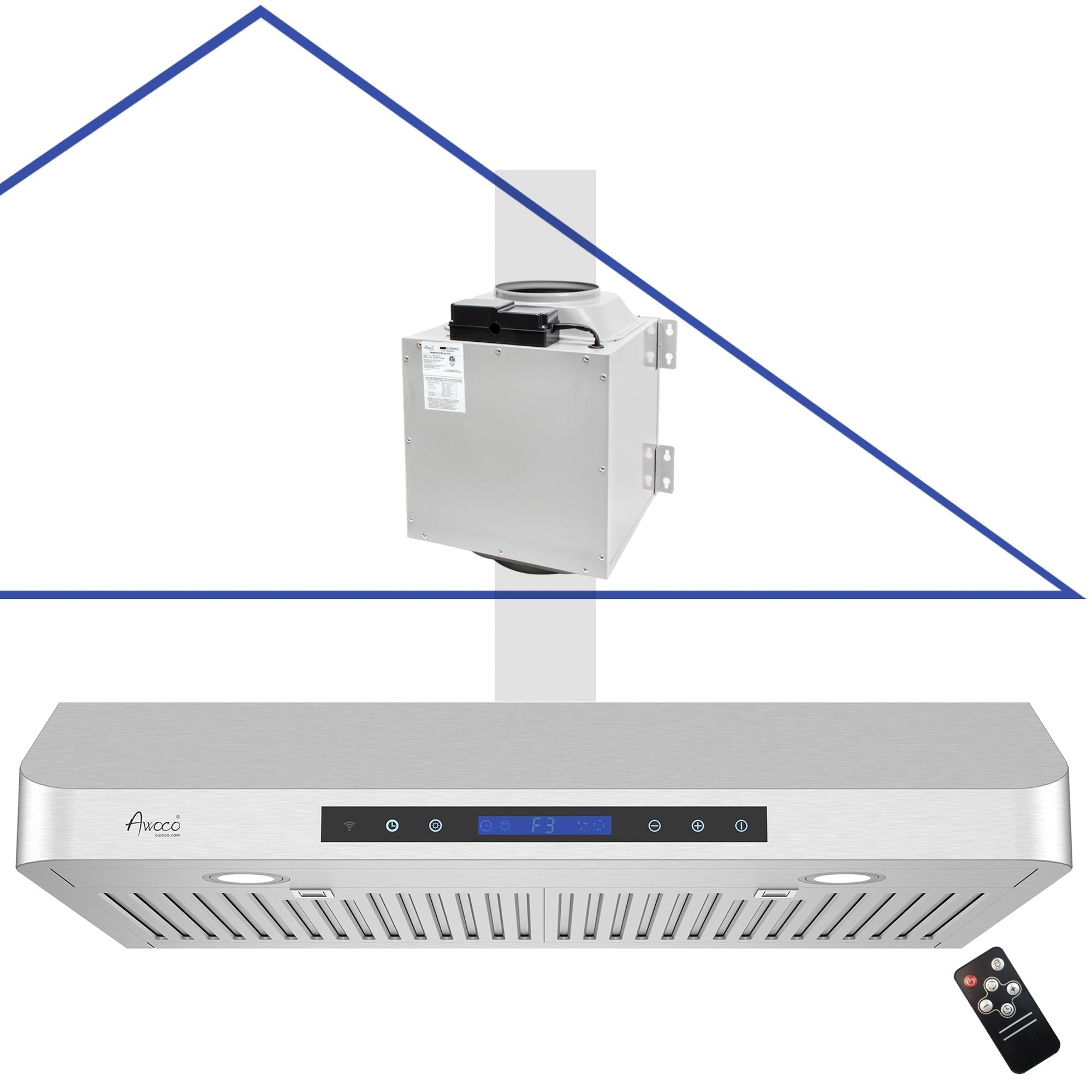 Awoco RH-SP08-T Super Quiet Split Stainless Steel Under Cabinet Range Hood, 4 Speeds, 8