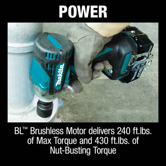 Makita 18V Lithium-Ion Brushless Cordless 4-Speed 1/2" Sq. Drive Impact Wrench Kit w/ Detent Anvil, var. spd., rev., L.E.D. Light, bag - XWT15T