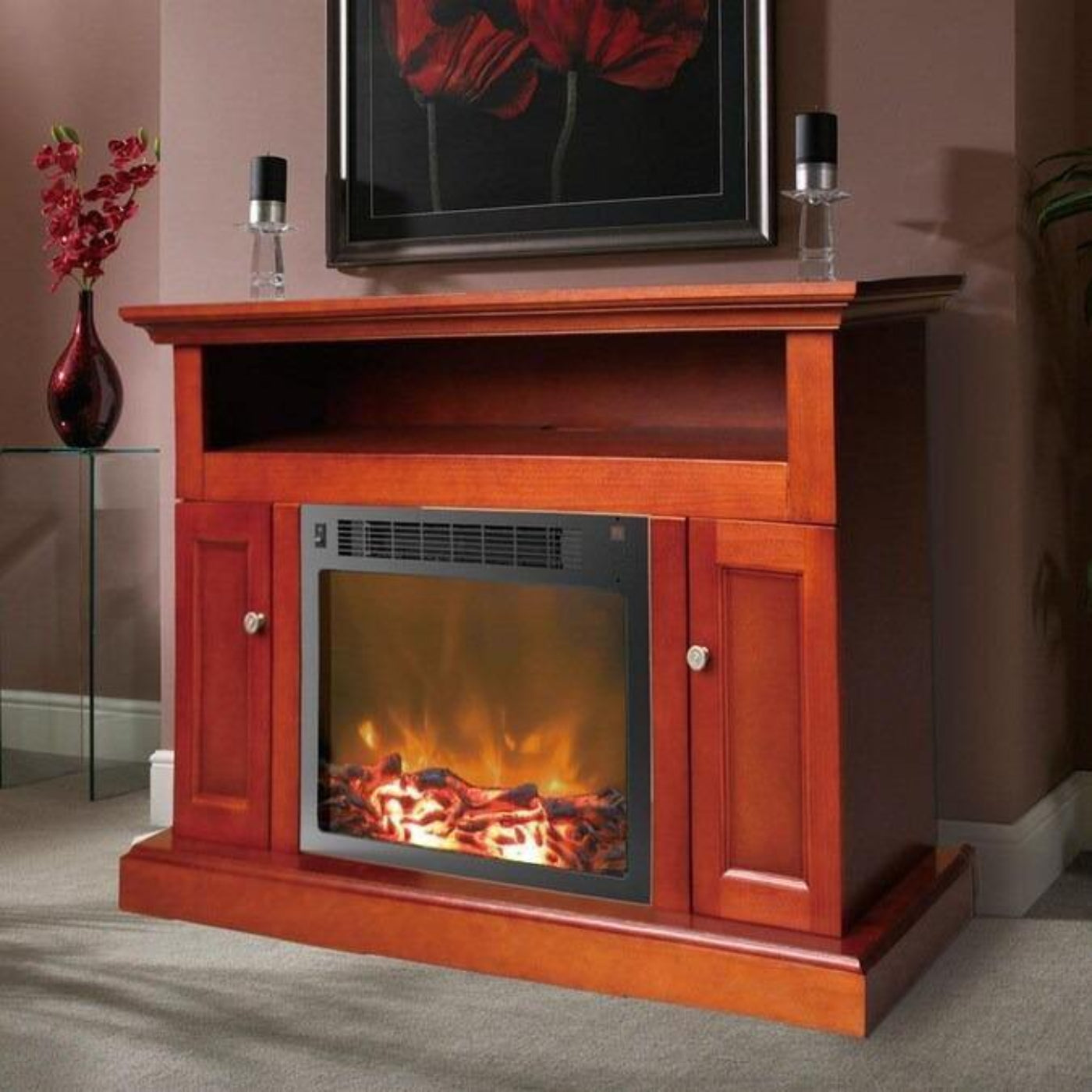 Cambridge Sorrento Electric Fireplace with Multi-Color LED Insert and 47 In. Entertainment Stand in Cherry - CAM5021-2CHRLED