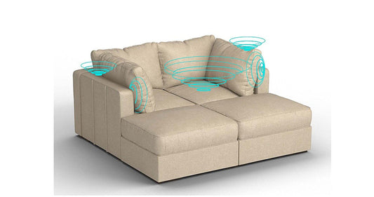 Lovesac – 4 Seats + 4 Sides Combed Chenille &amp; Lovesoft with 6 Speaker Immersive Sound + Charge System  Tan - 1772866250961_918
